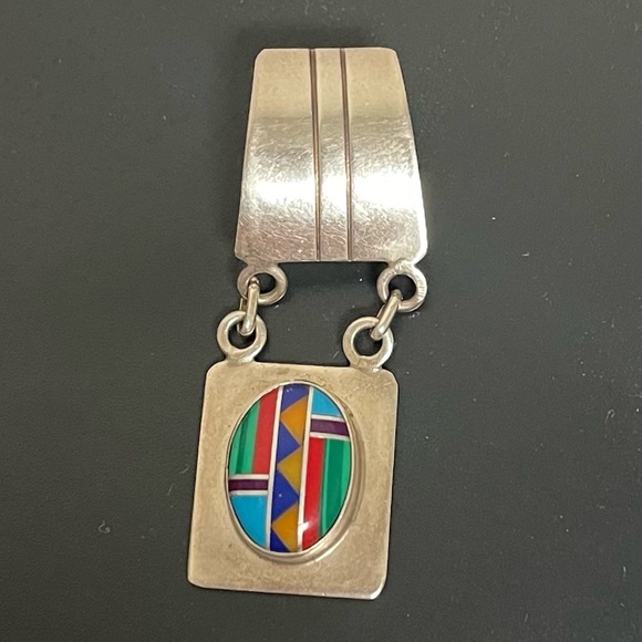 MANYGOATS Signed Native American Turquoise Inlay Necklace Pendant - Picture 1 of 10